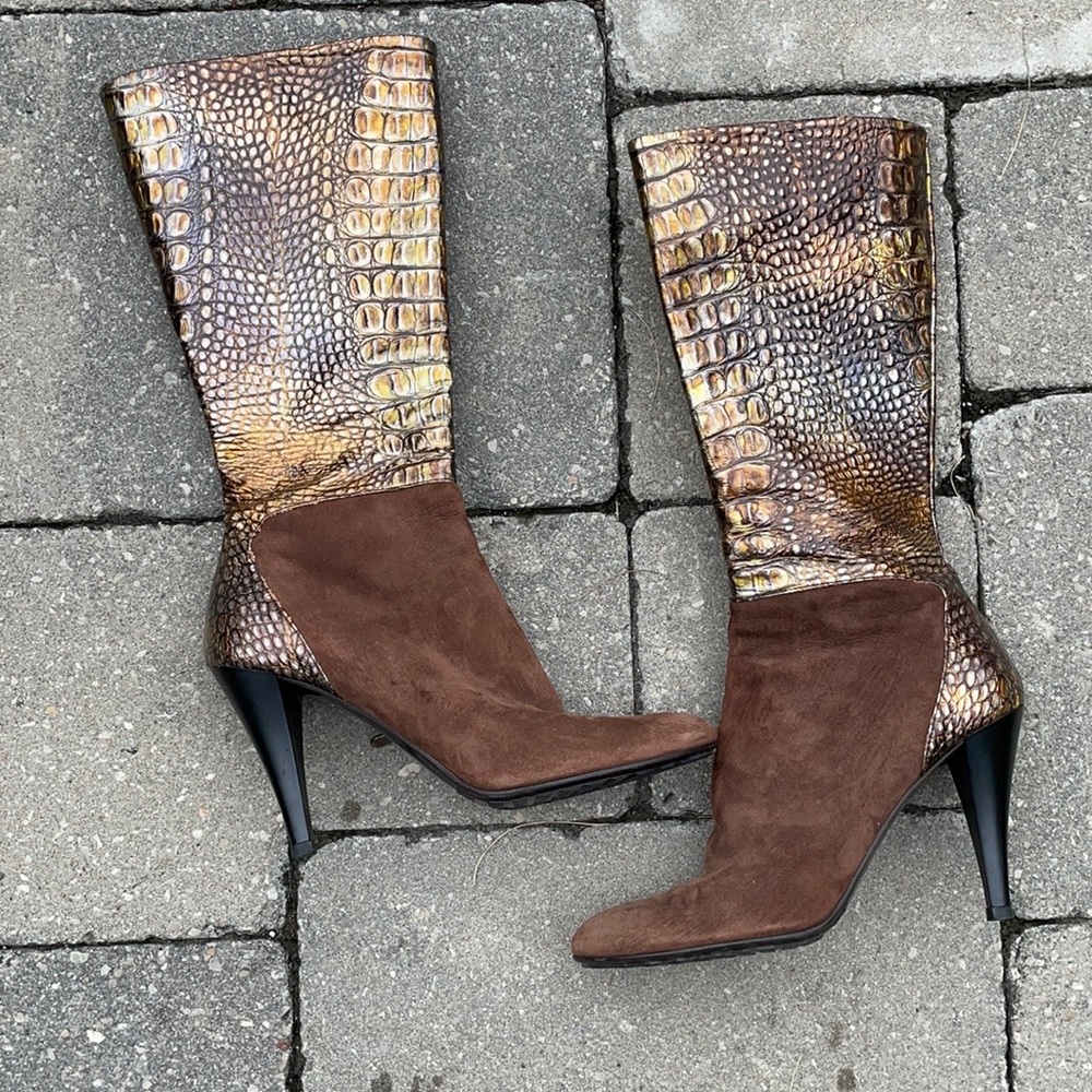 LORIBLU brown suede reptile skin boots, size EU 37/ US 7